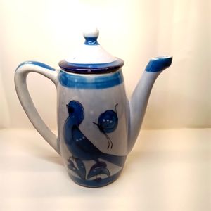 Vintage Tonala Pottery Bluebird Butterfly Coffee Chocolate Teapot Mexico Folk Ar
